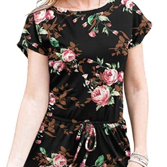 DouBCQ Womens Casual Short Sleeve Jumpsuits Elastic Waist Jumpsuit with Pockets - Picture 1 of 4